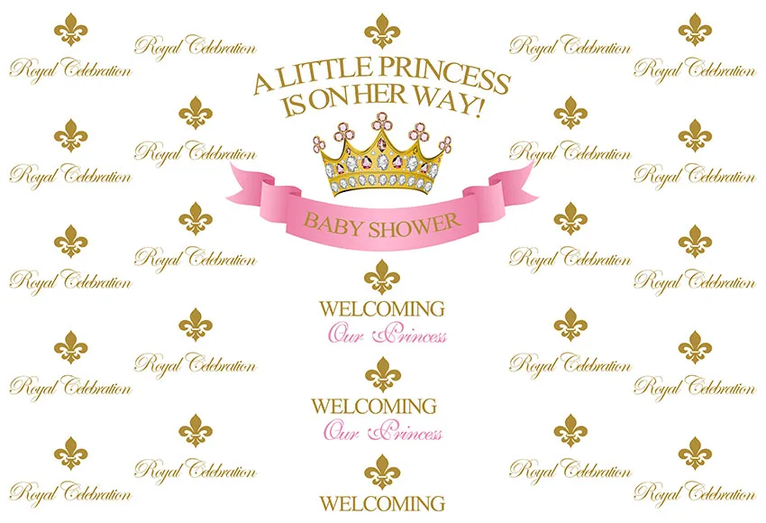 

Customized Texts Royal Baby Shower Backdrop Printed Gold Crown Pink Ribbon Little Princess Girl Birthday Party Photo Background