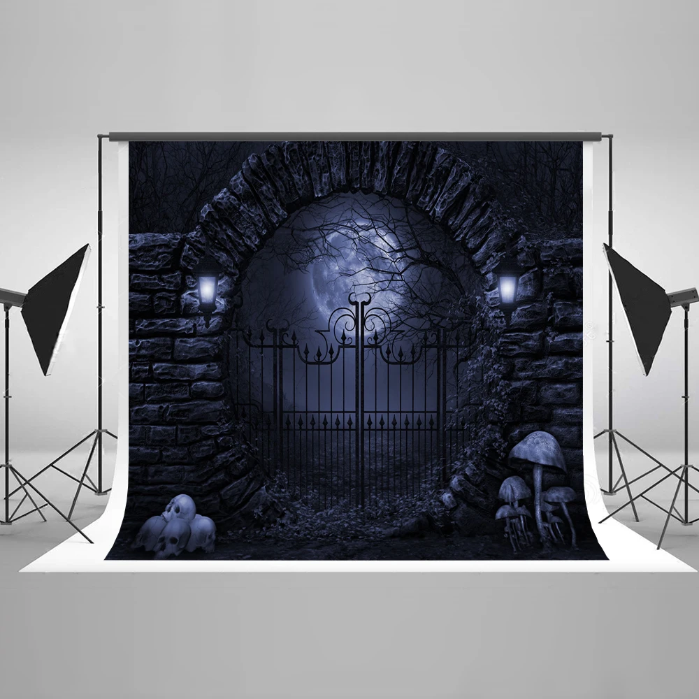 

VinylBDS Halloween 10x10ft Photography Background Iron Gate Backgrounds For Photo Studio Moon Skeleton Photo Background