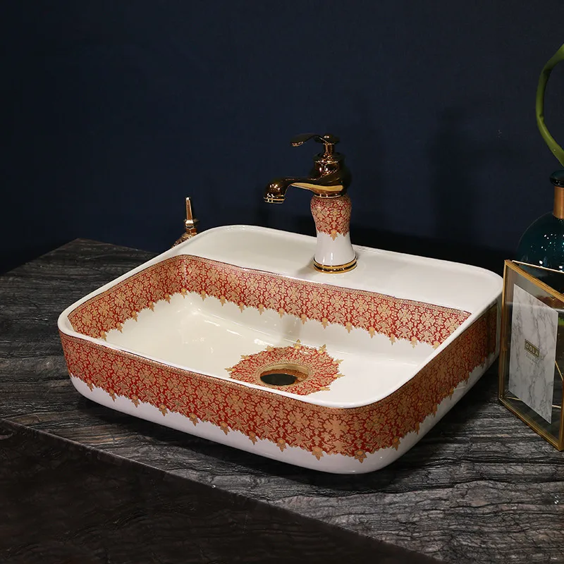 Europe style luxury bathroom vanities chinese Jingdezhen Art Counter Top ceramic type wash basin rectangular