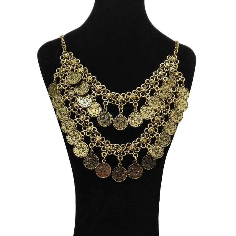 LZHLQ Retro Carved Coin Tassel Statement Necklace Women Boho Double layers Choker Necklaces Pendants New Women Jewelry Collares