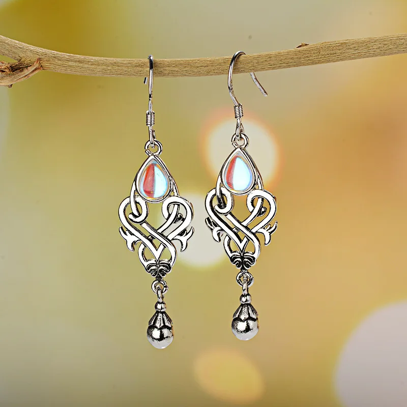 OMHXZJ Wholesale European Fashion Woman Party Birthday Wedding Gift Vintage Water Drop Moonstone Tai Silver Drop Earrings EA515