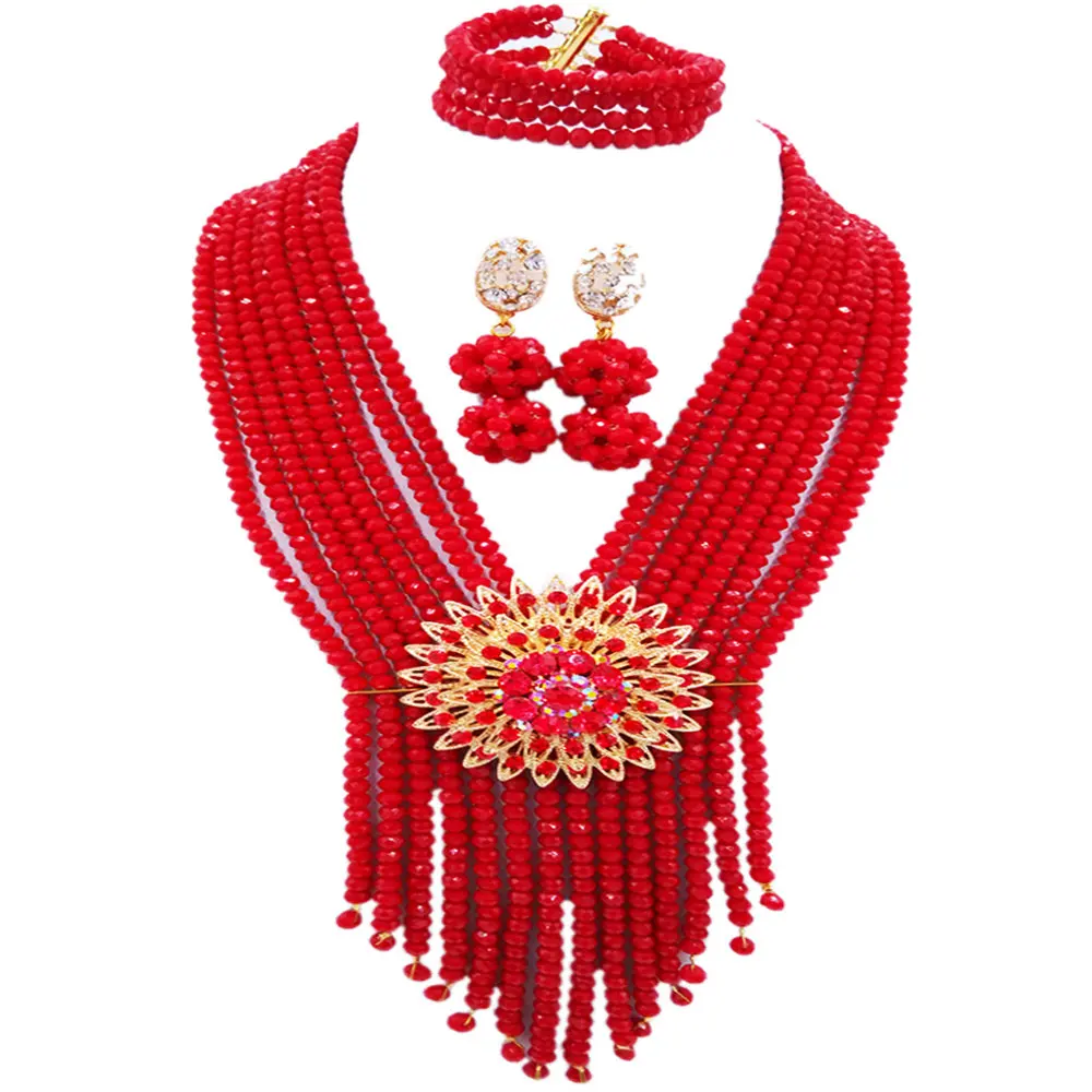 

Opaque Red Nigerian Wedding African Jewelry Set Crystal Bridal Jewelry Sets Necklace Bracelet Earrings for Women 8SK04