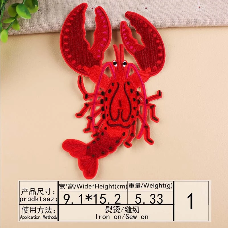 1PC embroidered Cartoon Red Color Big Size Lobster Patch DIY Fabric Stickers Fashion Cute Kids Clothes Hole Badges