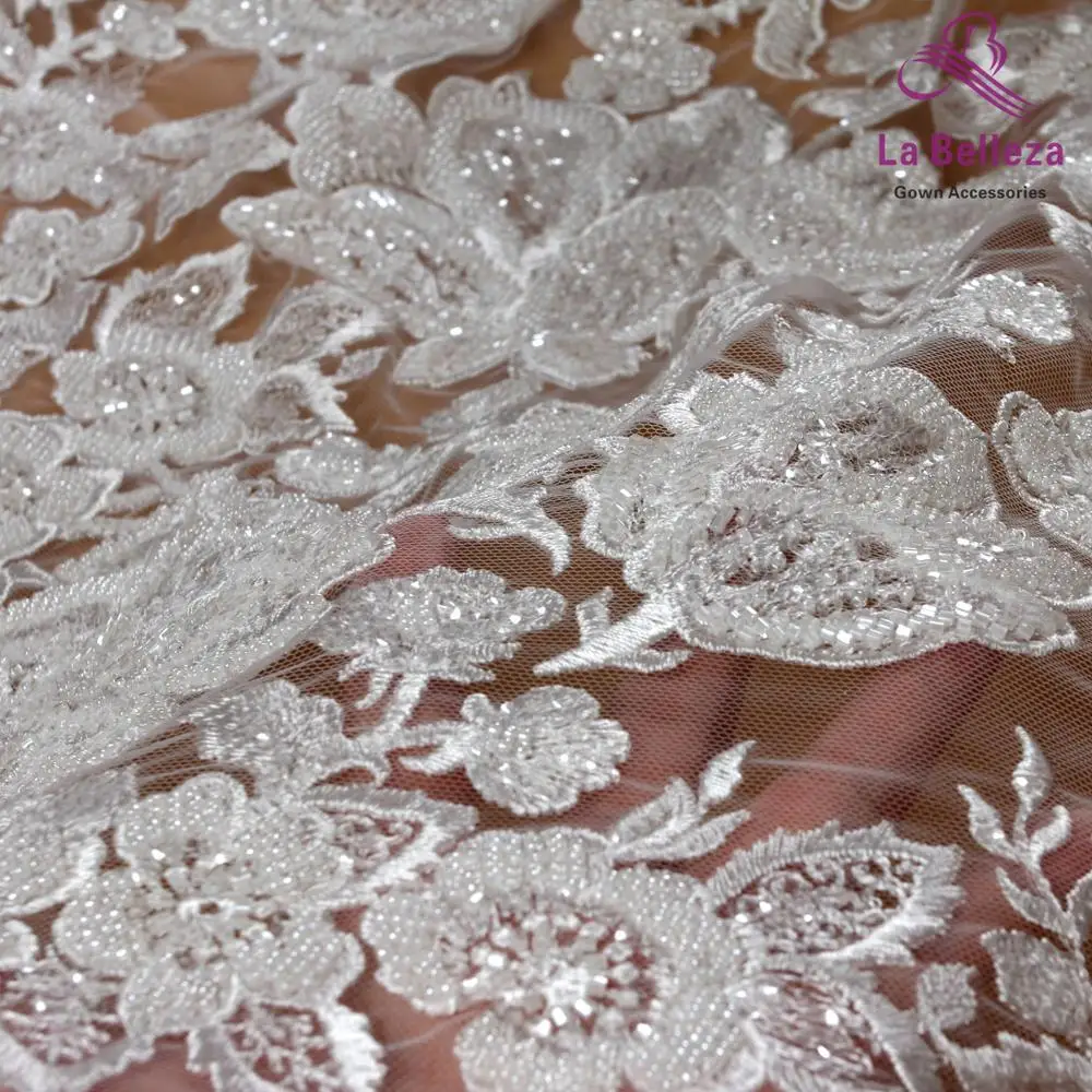 La Belleza new heavy beaded wedding dress lace fabric off white beads sequins lace fabric big flowers pattern lace 1 yard