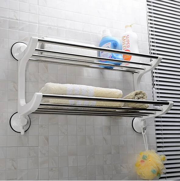 

46CM Suction Cup Wall Mounted Double Stainless Steel Storage Estante Towel Shelf Rack Bathroom Accessories Organizer