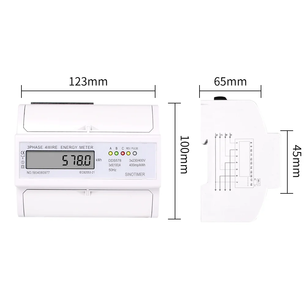 Accurate Three Phases 4 Wires 5-100A 380V Digital Wattmeter Electricity Consumption Measurement Meter 35mm DIN Rail Mounting