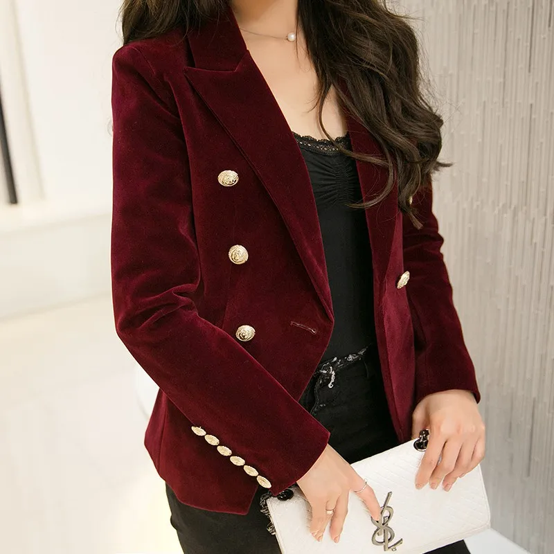 New Spring Fashion Slim Wine Red Velvet Blazer Jacket Women Double Breasted Simple Lady Blazers OL Female Party Coat Clothing