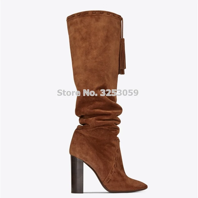 ALMUDENA Women Chunky Heels Folded Fringe Knee Boots Thick High Heel Brown Suede Luxury Turn Over Tassel Long Boots Winter Shoes