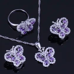 Majestic Butterfly Purple Cubic Zirconia White CZ Silver Plated Jewelry Sets Earrings Pendant Chain Ring V1000