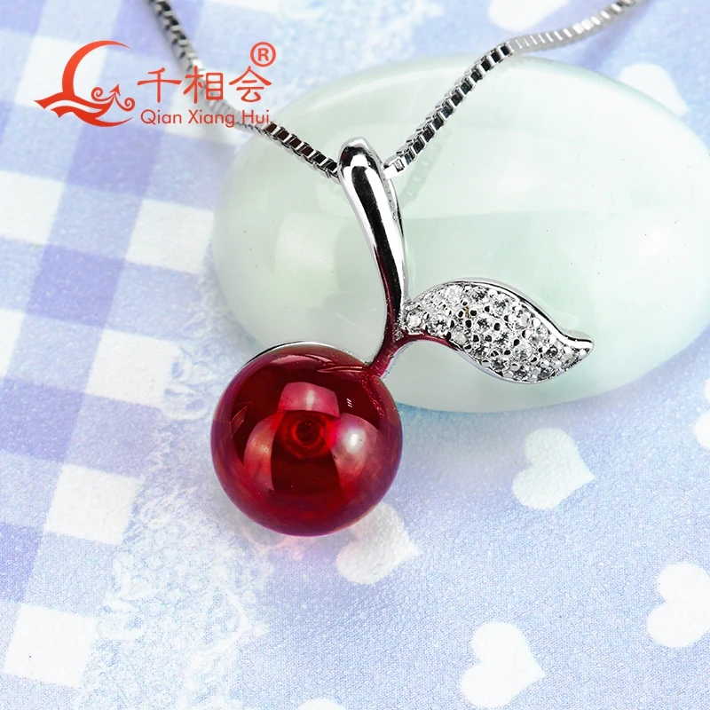 9mm fashion cherry pendant with artificial red ruby  ball shape 925 sliver chain necklace for jewelry gift