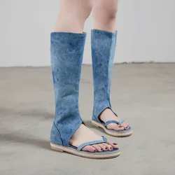 YMECHIC codzienne lato Denim buty do kolan kobiet niebieski czarny Open Toe płaskie obcas kobiet mieszkania buty Plus rozmiar sandały Boot Boot 2019