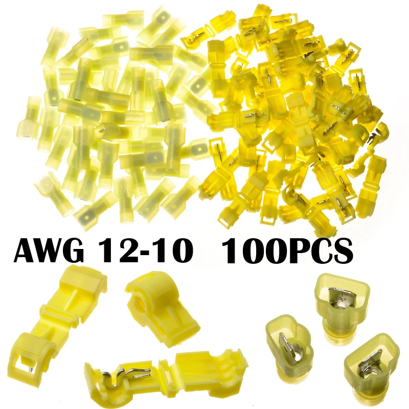 100PCS Yellow Wire Terminal Connectors T-Tap/Male Insulated 4.0mm2 Quick Splice Combo 12-10 AWG