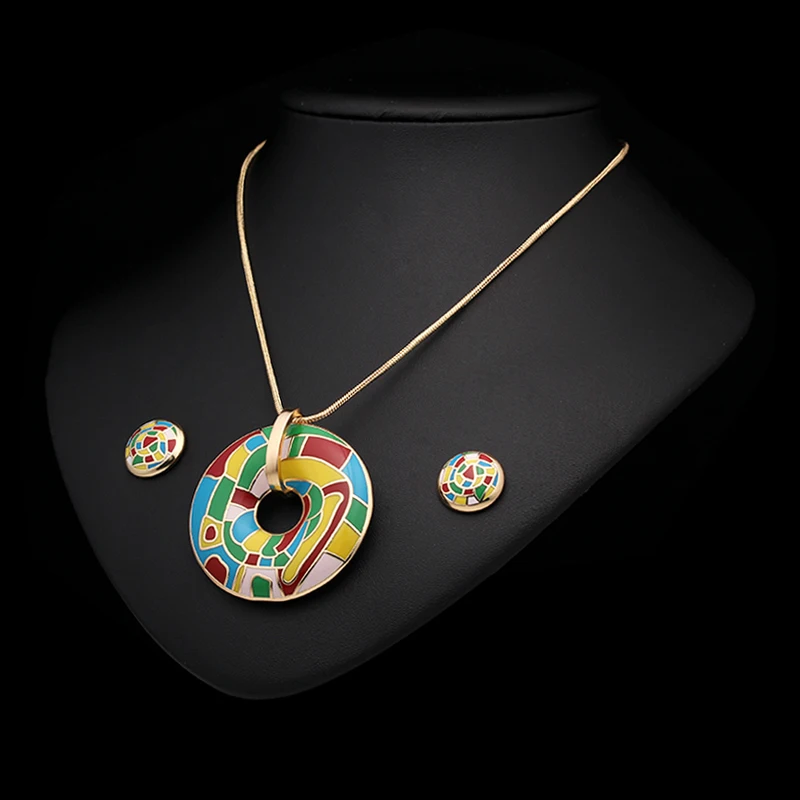 R&X 2016 Summer Style Enamel Jewelry Sets  Vintage Colorful Zinc Alloy For Women Girl Necklace Pendant Stud Earrings