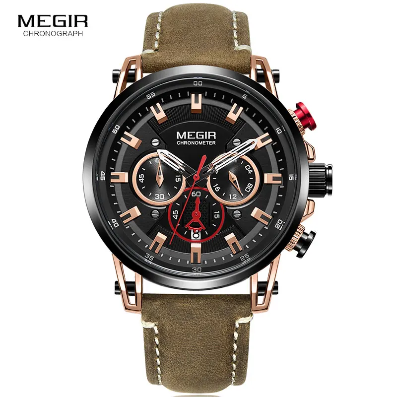 Megir Men\'s Chronograph Quartz Watches Leather Strap Clock Sportz Army Wristwatch for Man Relogios Masculino 2085 Rose Black