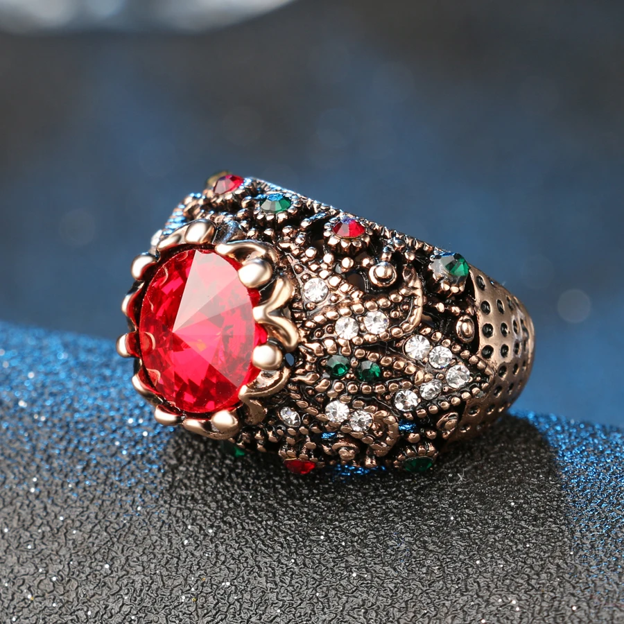 Kinel Red Satellite Stone Rings For Women Color Ancient Gold Vintage Jewelry Crystal Ring Love Gift