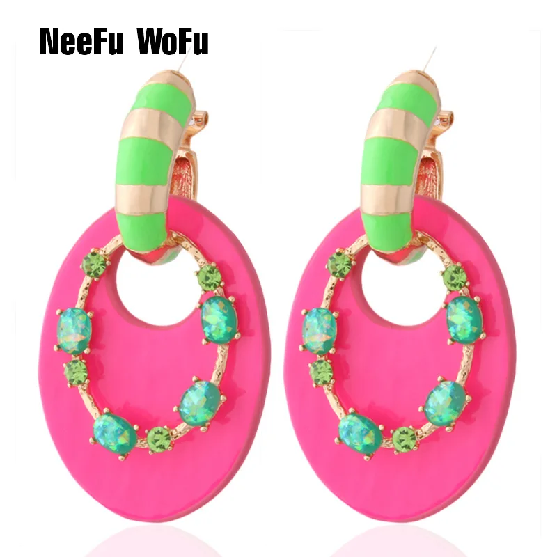 NeeFu WoFu Fluorescence green leather Earring Gradient jewelry Printed rings for women glass orecchini bijoux femme Oorbellen