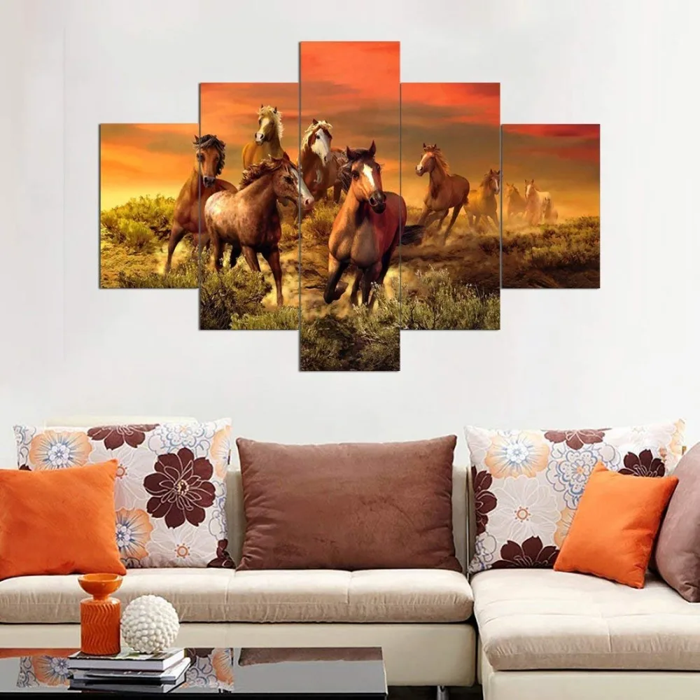 Poster HD Printed Painting Canvas Print Home Decor 5 Panel Forest Running Horse Maple Leaves Wall Art Pictures For Room