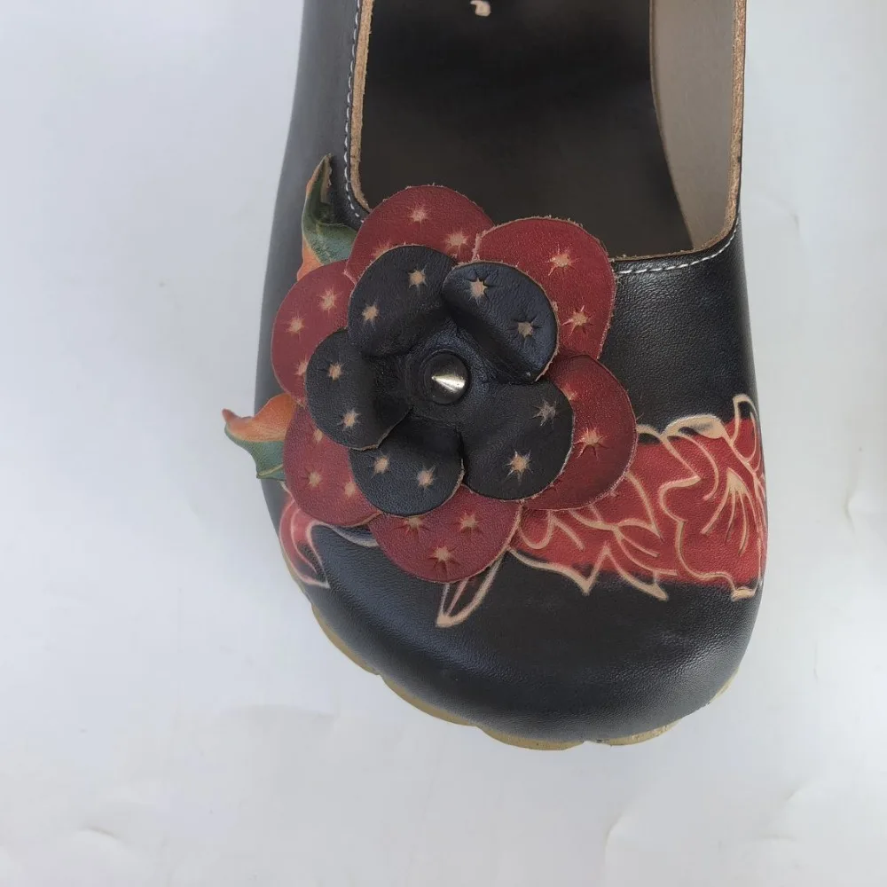 Careaymade-New Summer,Women fashion single shoes,Round mid heels printing flower shoes,Ethnic style hook trend shoes