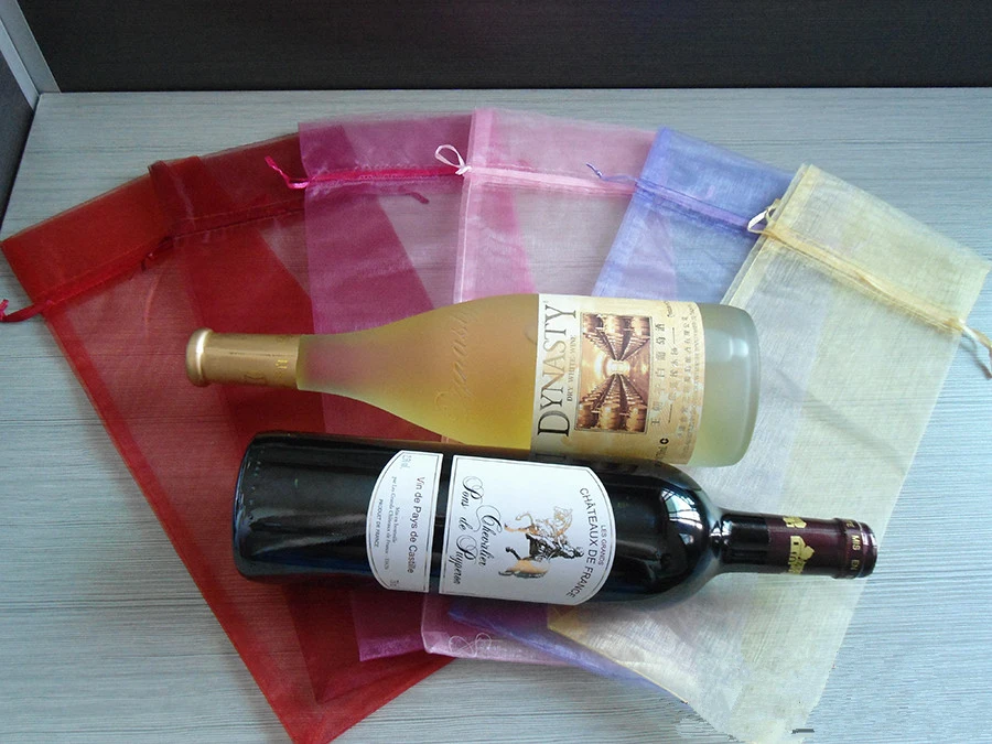 Burgundy Drawstring Organza Wine Bags, Wedding Party, Christmas Gift Holder, Customize Logo Acceptable, 100PCs, 14x37cm