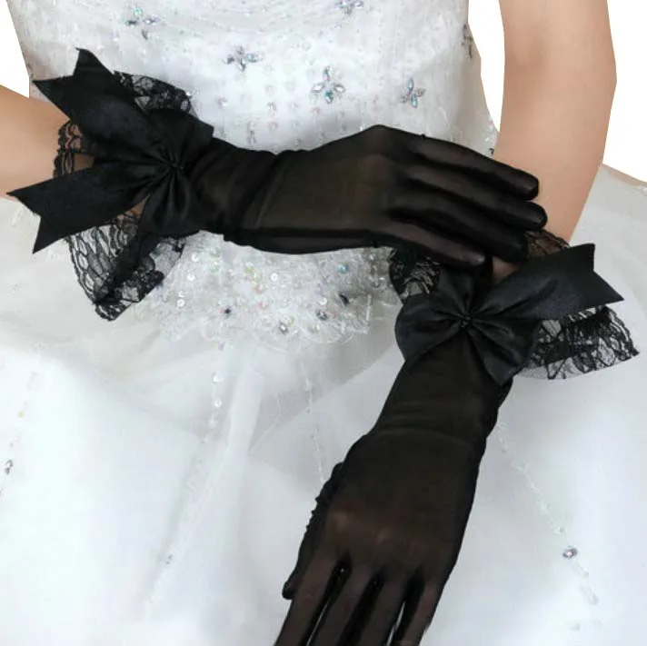 Guantes de novia de color blanco marfil, guantes cortos de encaje, elegantes, baratos, accesorios de fiesta de boda, longitud de muñeca negra y roja