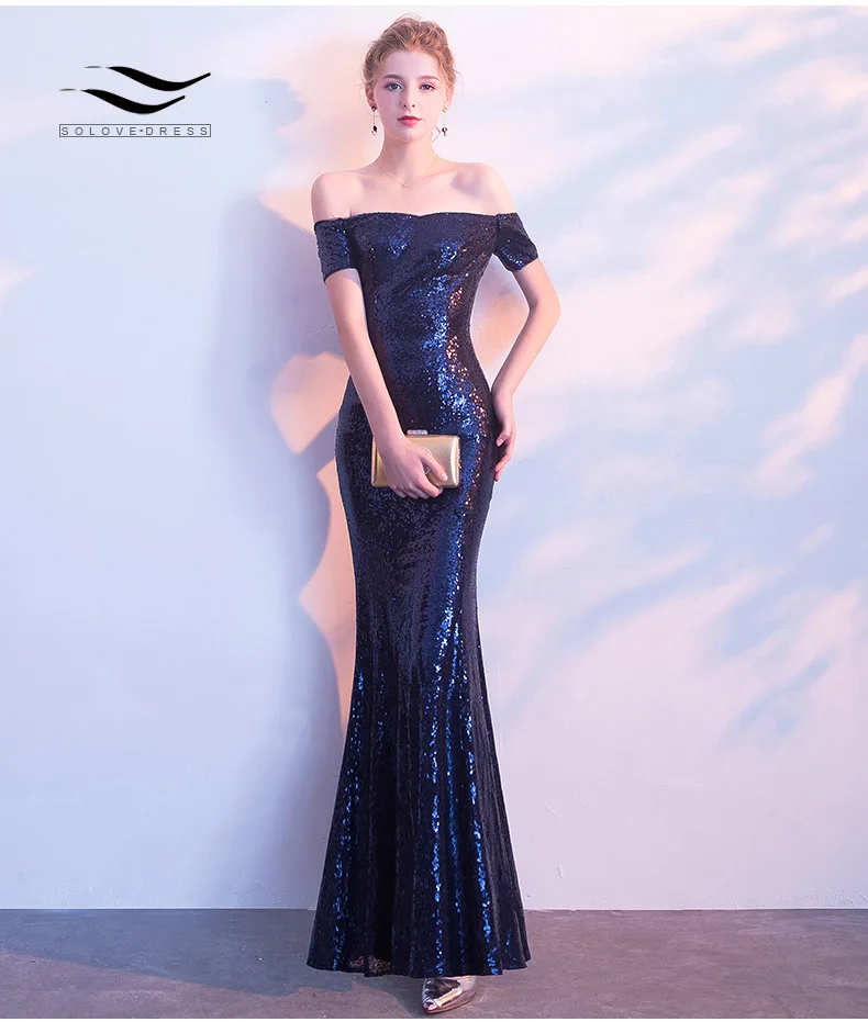 Solovedress Off the Shoulder Sleeves Navy Sequins Mermaid Evening Dress Floor Length Sexy Evening Gown vestido de fiestaSLD-S006