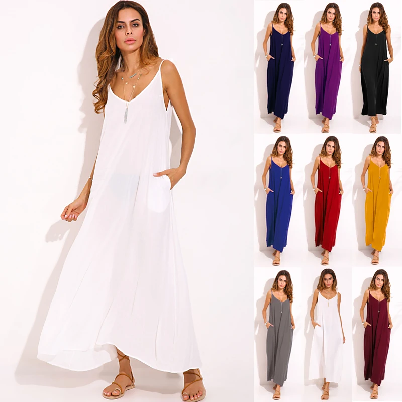 Lato Vestidos kobiety sukienka Boho bez ramiączek v-neck bez rękawów w stylu Baggy, długa Maxi sukienki seksowna letnia sukienka plażowa szata Femme