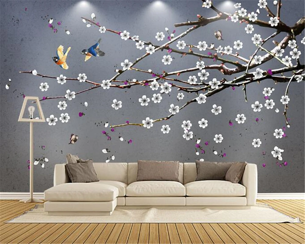 

Beibehang Wallpapers Living Room Decorative Paintings TV Background Wall papers Hand Painted Birds and Frescoes wallpaper photo