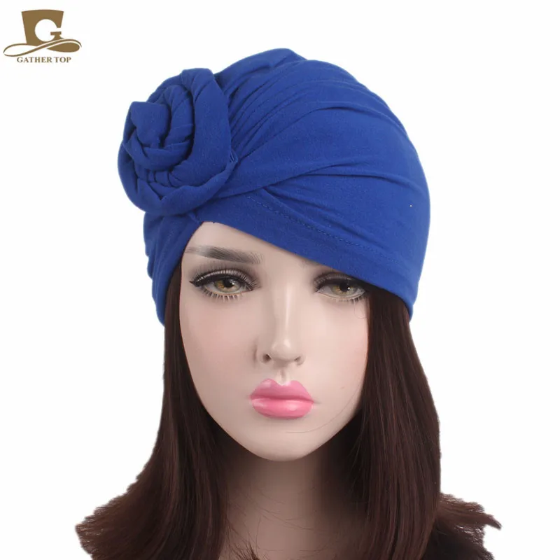 Nők Turbán Pamut felső csomót virágos dekor headwrap muszlim hölgyek haja fedezze beanie fejét Foszlás tömör színben India Kalap kiegészítők