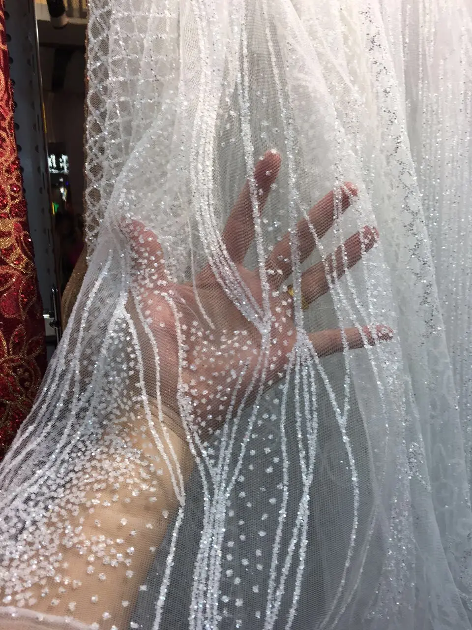 

French tulle net lace material African net lace fabric beautiful Z-han5737 with white glued glitter tulle lace fabric