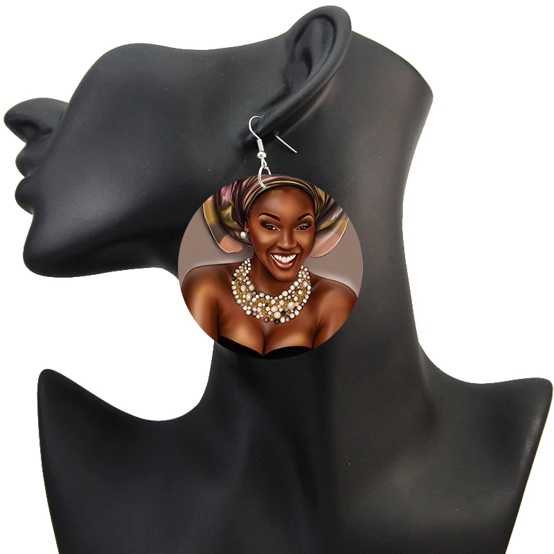 SOMESOOR 6cm Vintage Black Queen African Wooden Drop Earrings Headwrap Woman Both Sides Printing Afro Art Dangle Jewelry Gifts