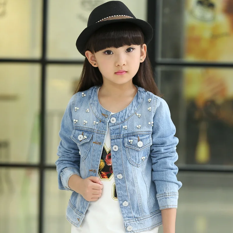 

Korean 2023 Spring Summer Girls Fashion Denim Jacket Kid Casual Short Style Round Collar Beading Long-Sleeve Outerwear Coat X307