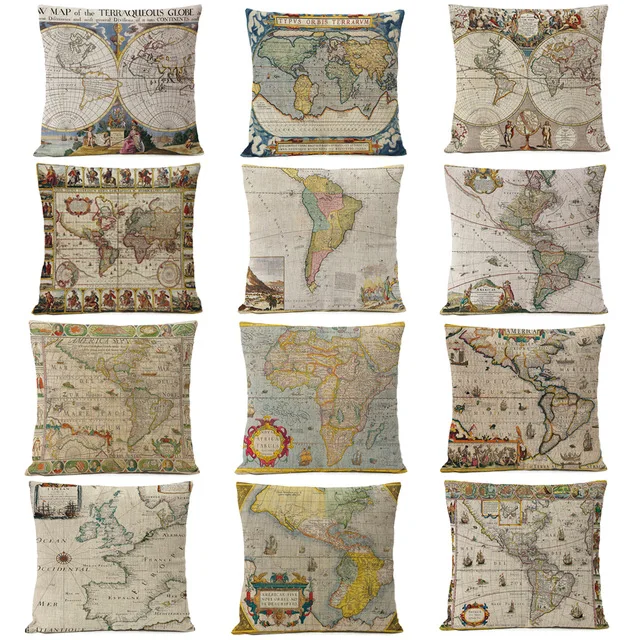 Retro Ancient World Map Pillow Cover Cushion Cover Home Decorative Pillows Linen PillowCase Office Sofa Cushion Cover