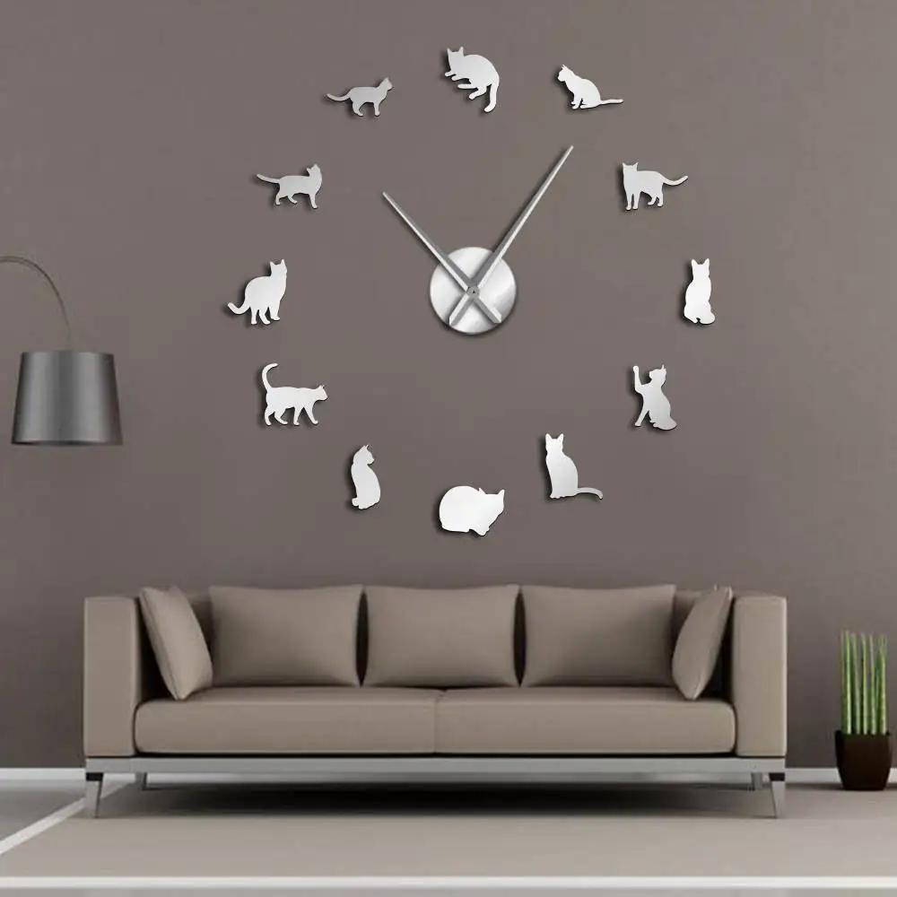 Silhouette Cats Wall Art Kittens DIY Giant Wall Clock Playful Cats Big Needle Kitty Girl Room Large Wall Watch Feline Fan Gift