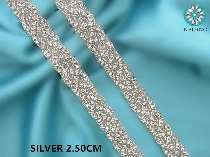 (10 YARDS) Wholesale iron on silver clear bridal rhinestone beaded applique trim for wedding dress sash belt WDD0344