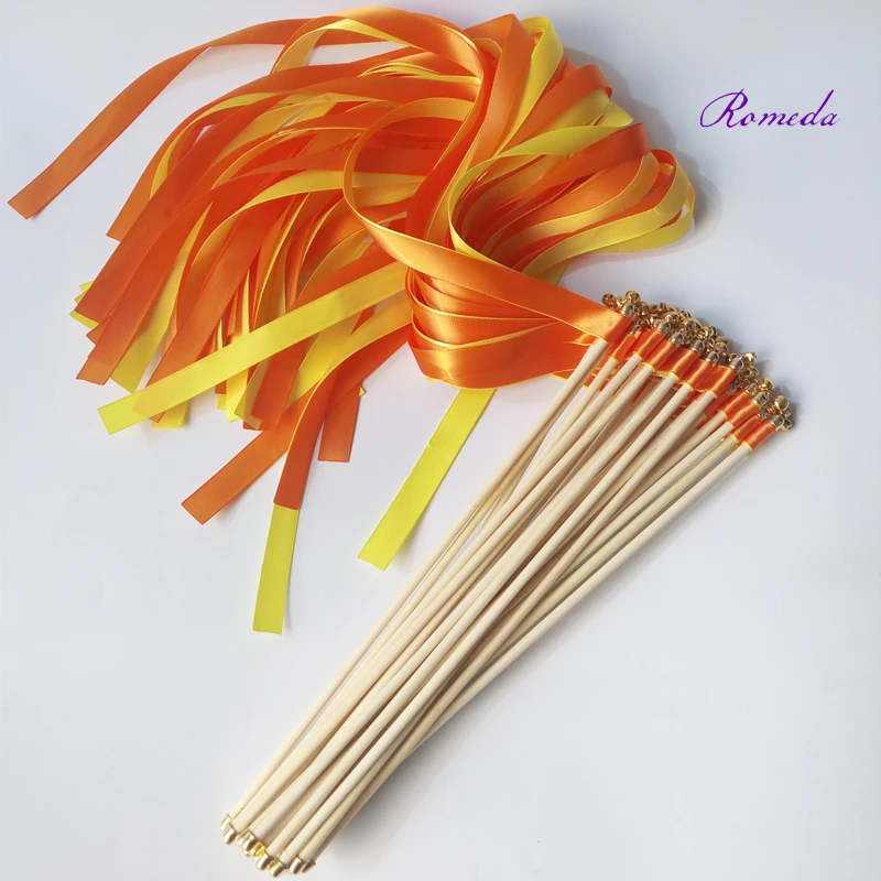 

Hot sale 50pcs/lot yellow & orange stain wedding ribbon stick With gold Bells for wedding party