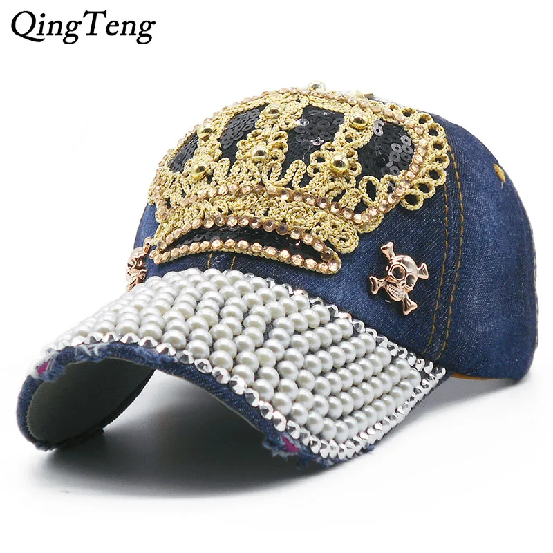 Luxury Women Baseball Cap Brand Bling Crown Pearl Sequins Hip Hop Cap Vintage Denim Snap Back Design Cap Casual Snapback Hat New