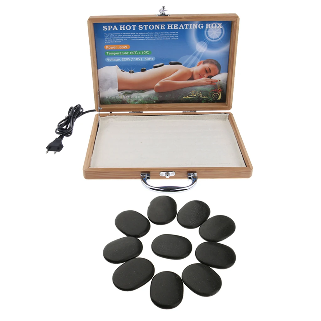 Energia pedra quente + pedra quente rocha caixa de aquecimento massagem pedra aquecedor caso conjunto de aquecedor para o corpo spa massagem-plugue da ue