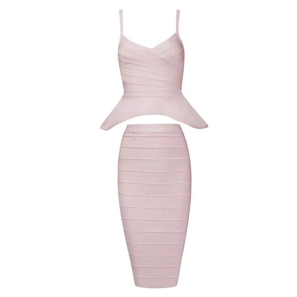 HQBORY Nude 2 Piece Knee Length Knitted Peplum Spaghetti Strap 2020 New Fashion Flouncing Hl Bodycon Party Bandage Dress