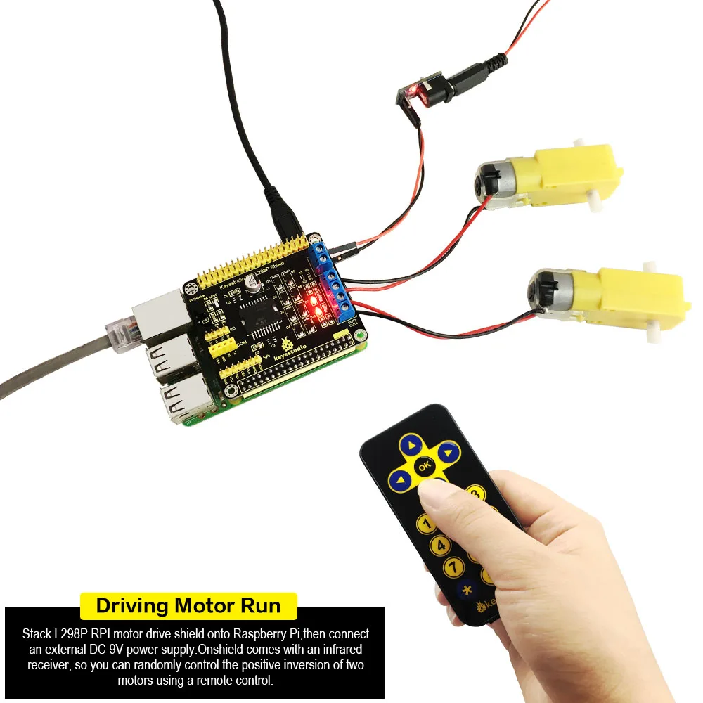 Keyestudio Raspberry Pi L298P Motor Drive Shield Board Dual Power H-bridge Driving For Arduino/Raspberry Pi 4B/3B+/3