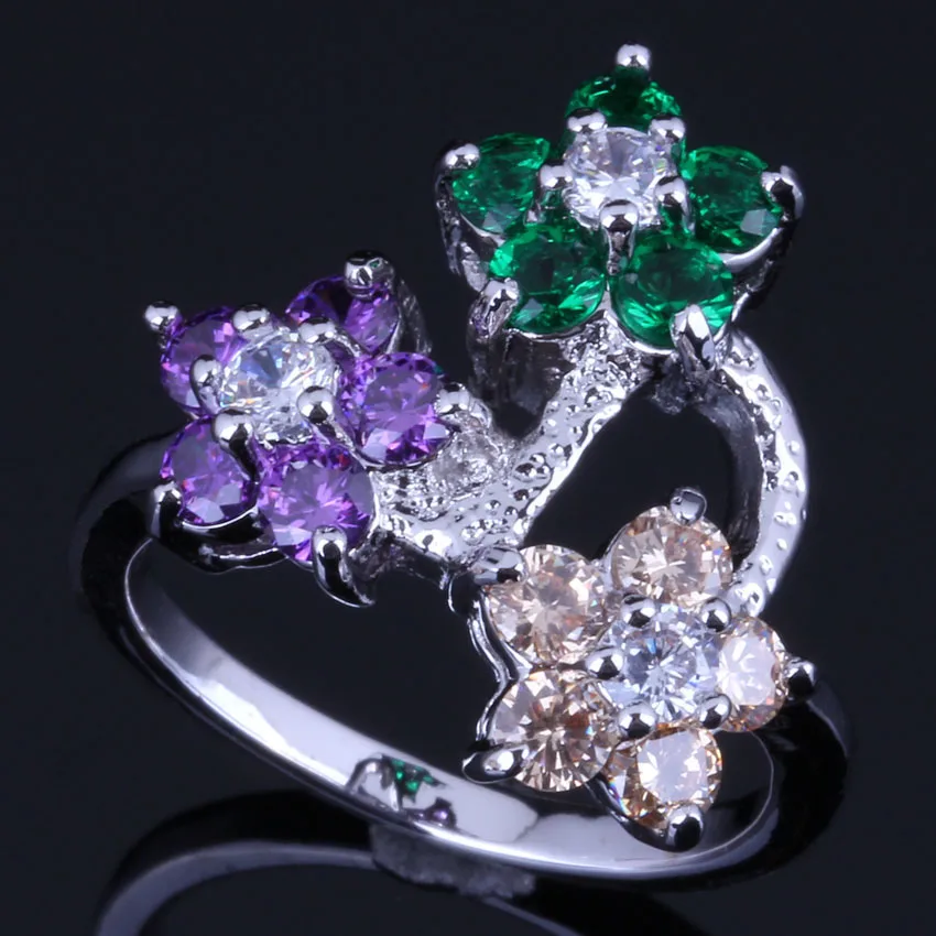 Pleasant Flower Purple Green Brown Cubic Zirconia White CZ Silver Plated Ring V0596