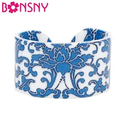 Bonsny Plastic Chinese Blue And White Porcelain Pattern Bangles Bracelets Fashion Ethnic Jewelry For Women Girl Ladies Gift Bulk
