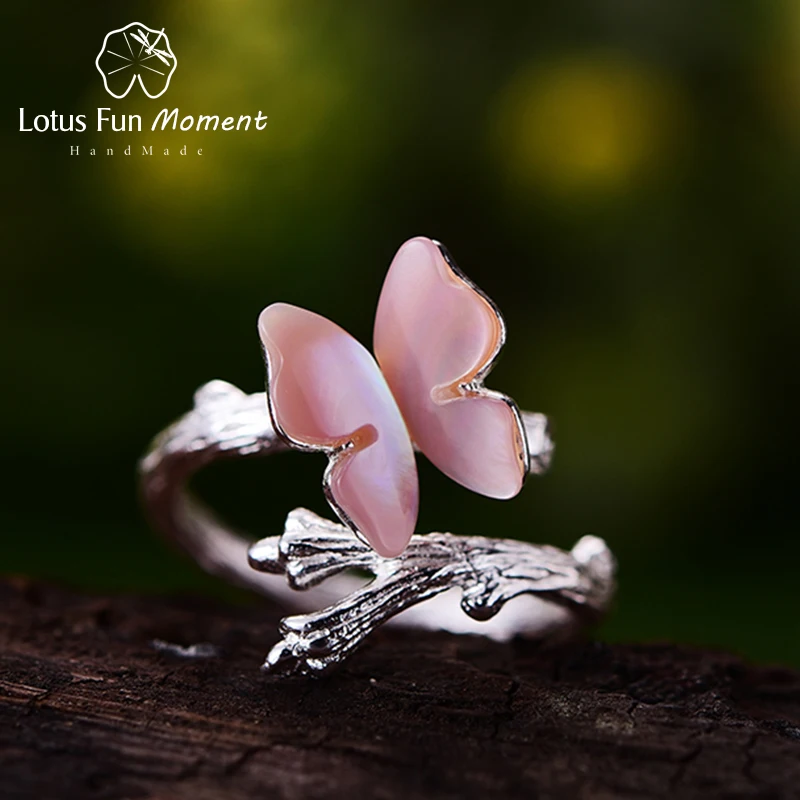 

Lotus Fun Moment Real 925 Sterling Silver Natural Original Handmade Design Fashion Jewelry Cute Butterfly on Branch Female Rings