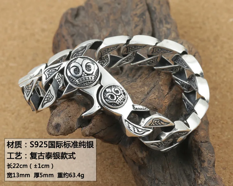 Pure Handmade Men Jewelry 100% 925 sterling Silver Bracelet Black Retro Heavy Thai silver Fashion Jewelry Skeleton Man Bracelets