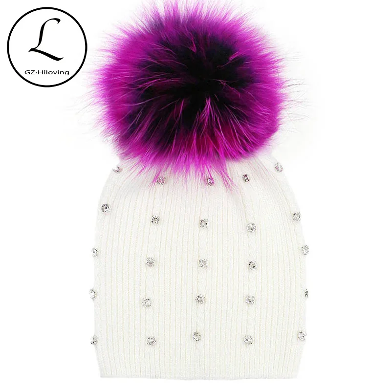 GZHILOVINGL Winter Knitted Real Fur Hat Women Thicken Beanies Hats with Big Raccoon Fur Removable Pom poms Knitting Beanie Caps