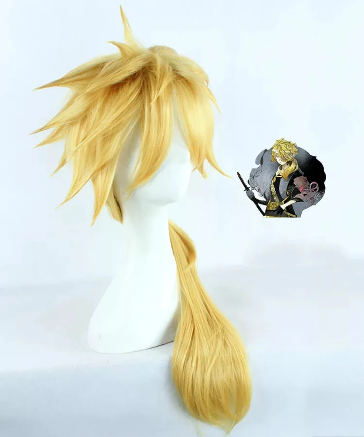 Touken Ranbu-Peluca de cabello sintético para fiesta de Halloween, pelo largo liso, amarillo y dorado, Cosplay, Shishiou, con gorro