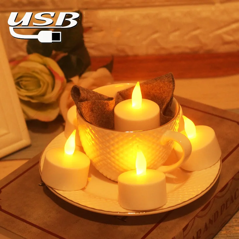 USB Charge,One Piece Yellow Light LED Rechargeable Flameless Tea Light Candle With USB, Flameless Chargeable LED Battery Candles