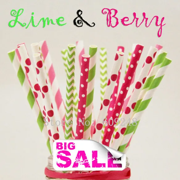 125 Pcs Mixed Colors LIME & BERRY Party Paper Straws,Lime Chevron,Hot Pink Lime Stripe,Deep Pink Dot,Lemonade,Birthday,Shower