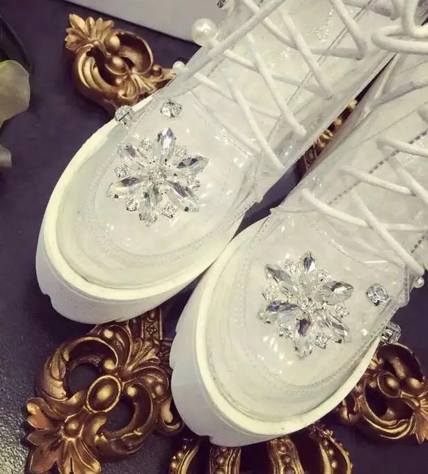 Luxury Rhinestone Flower Transparent PVC Lace Patchwork Ankle