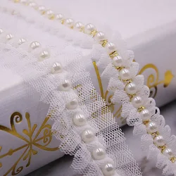 1 Yard 2 Style White Pearl Mesh Lace Trim Crease Ribbon Lace Fabric Collar Dress Sewing Garment Headdress Materials 2/3cm Width