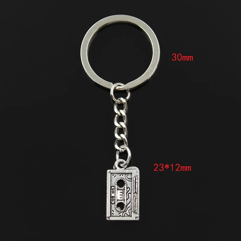 Fashion 30mm Key Ring Metal Key Chain Keychain Jewelry Antique Bronze Silver Color Retro 80's Cassette Tape 23x12mm Pendant